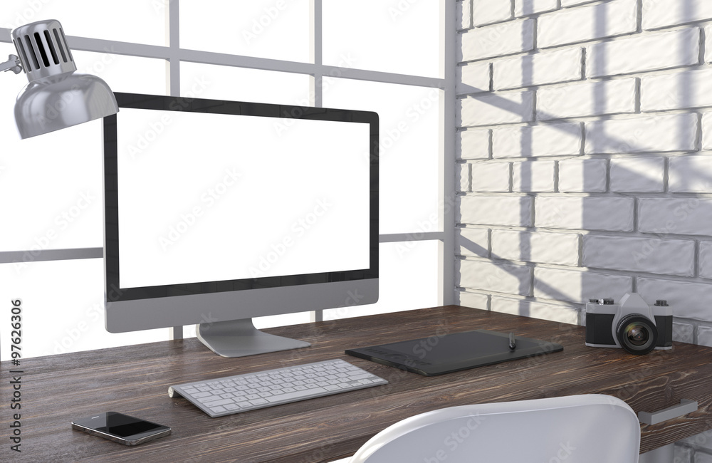 3D illustration PC screen on table in office, Workspace 3D illustration PC screen on table in office, Workspace
