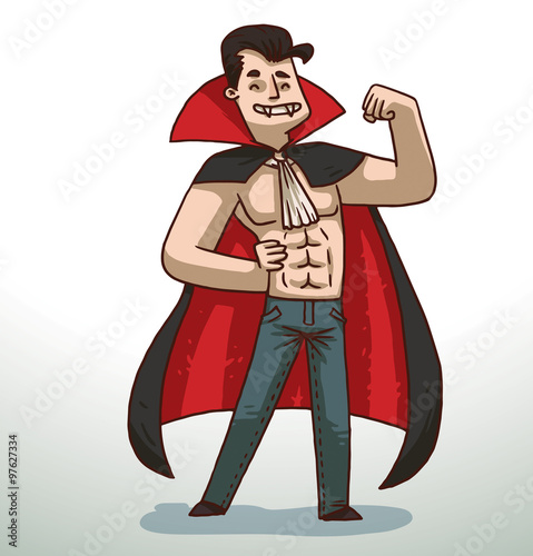 Vector cartoon image of a handsome man with black hair with fangs in blue jeans and a red-and-black cloak on a light background.