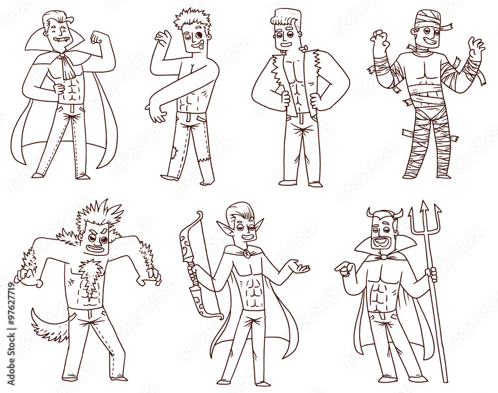 Vector Men in Halloween costumes set, line art. Line cartoon image of seven different men in various costumes for Halloween on a white background.  In the theme of Halloween.