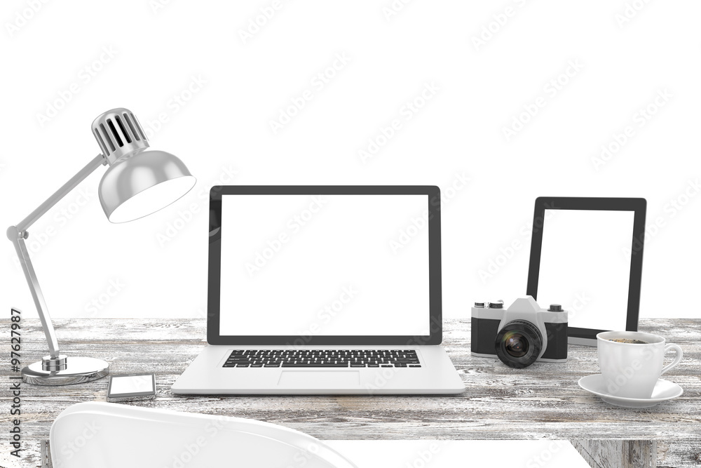 Fototapeta premium 3D illustration laptop and work stuff on table near brick wall, Workspace