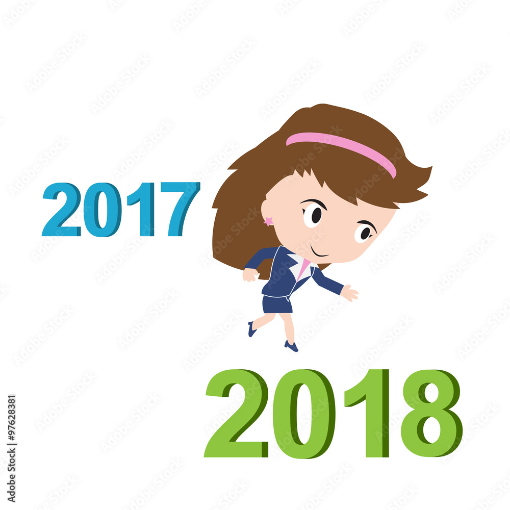 Happy business woman running from 2017 to 2018, new year success concept, vector Happy business woman running from 2017 to 2018, new year success concept, vector