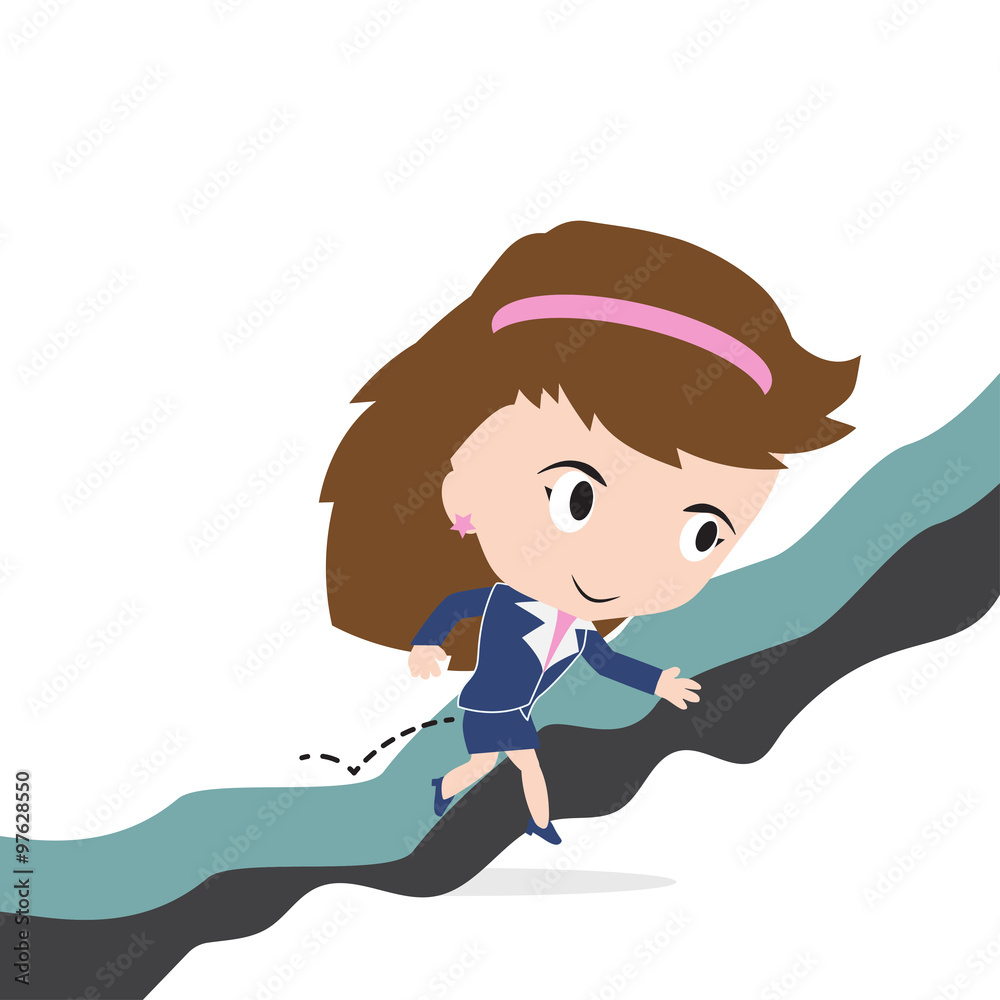 Happy business woman jumping over gap of cliff or obstacle to success concept Happy business woman jumping over gap of cliff or obstacle to success concept