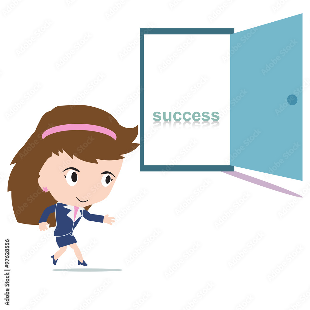 Happy business woman walking to an open door with word success inside