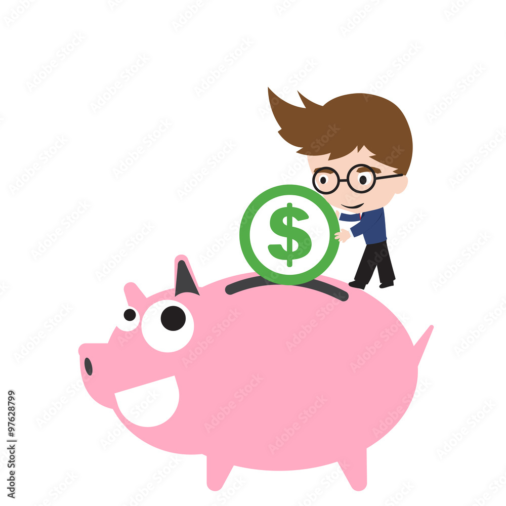 Obraz premium Piggy bank smile and happy, businessman putting money coin, currency Dollar symbol for saving financial concept isolated on white background