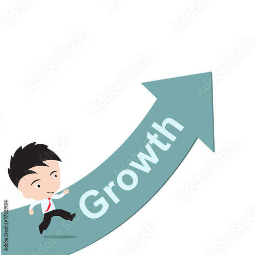 businessman happy to running on green arrow with word Growth, road to success concept, presented in vector form