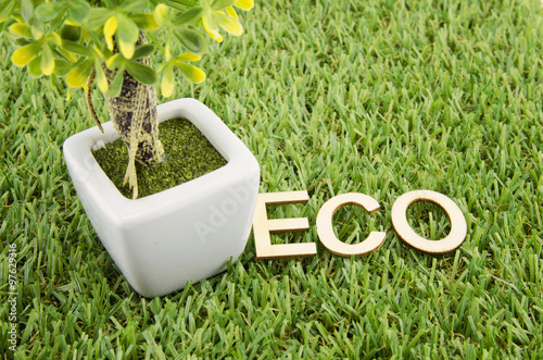 alphabetical word of ECO made froom brown wood decorate with aritificial green tree on artificial grass photo