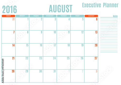 Executive Planning calendar new year on white background, August 2016, Week start Sunday, vector illustration