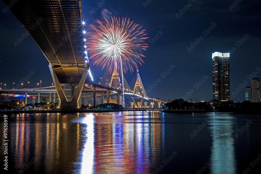 Under view of Bhumibol Bridge with fireworks,Night Scene, Bangkok Thailand