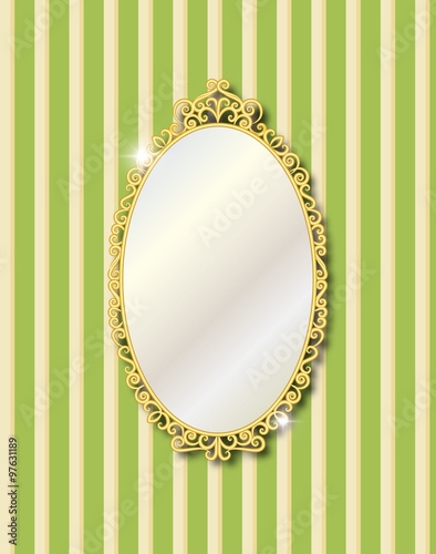 Gold vintage ornate  mirror on the background of green and yellow stripes. Vector illustration.