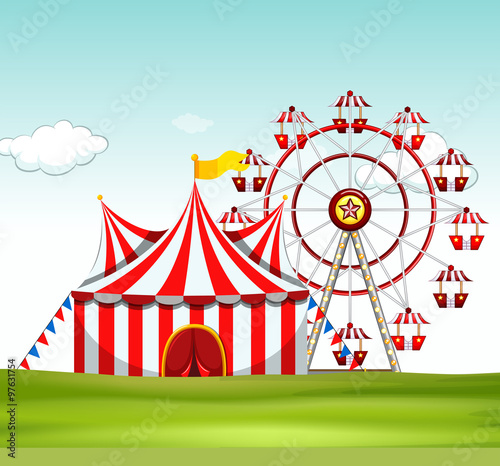 Circus tent and ferris wheel on the ground
