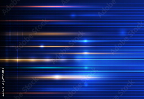 Vector Abstract, science, futuristic, energy technology concept. Digital image of light rays, stripes lines with blue light, speed and motion blur over dark blue background