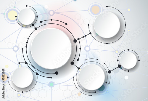 Abstract molecules and 3d paper circles with Blank space for your content, template, communication, business, network and web design. Vector illustration global social media technology concept