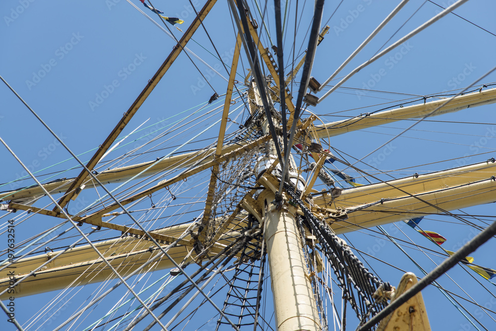 Fototapeta premium Old sailing ship masts sails and rigging