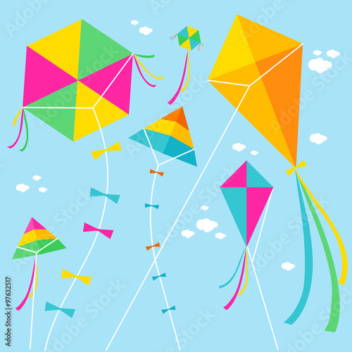 Colorful kites in the sky. Vector illustration