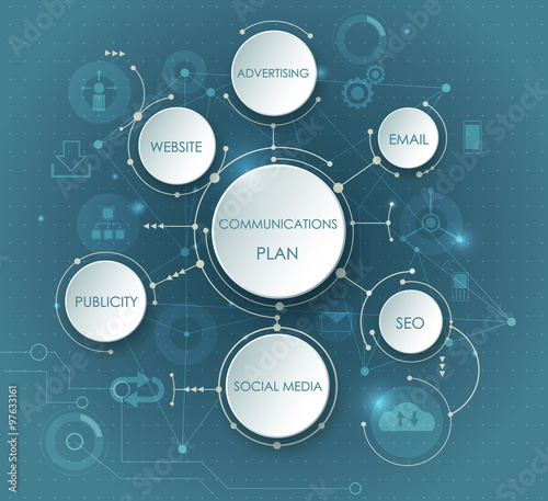 Communication Plan in structure of abstract molecules, 3D paper label- integrated circles for content, business, infographic template, network, web design.Social media communication technology concept
