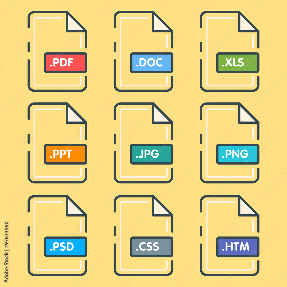 Set of awesome styled flat document icons on a yellow backround.