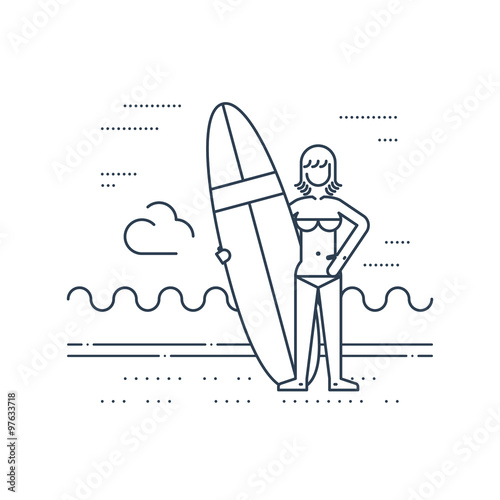 Summer vacation. Surfing camp. Surfing woman instructor. photo