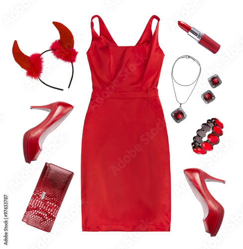Collage of red holiday clothes and accessories isolated on white