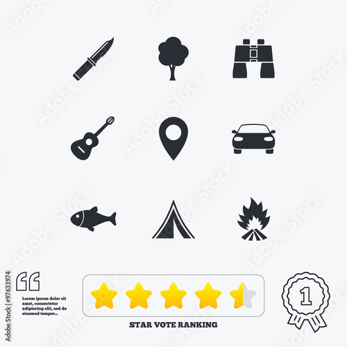 Camping, tourism icons. Fishing, guitar music. © blankstock