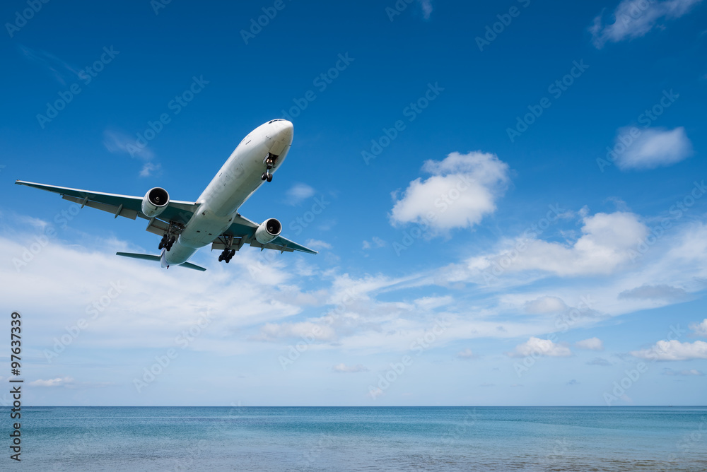Fototapeta premium Airplane landing from sea to airport