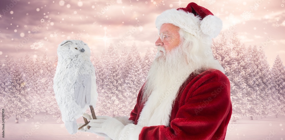 Obraz premium Composite image of father christmas holds an owl