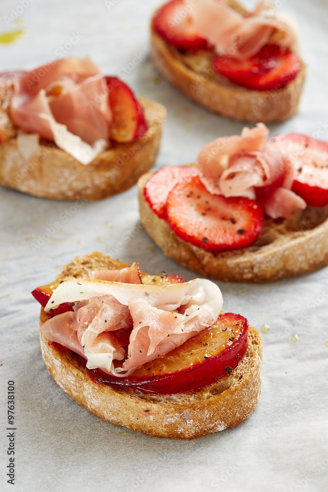 open sandwiches with grilled peaches and pork open sandwiches with grilled peaches and pork
