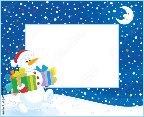 Horizontal vector border with a funny snowman friendly smiling and walking with gifts through the snowfall on Christmas eve