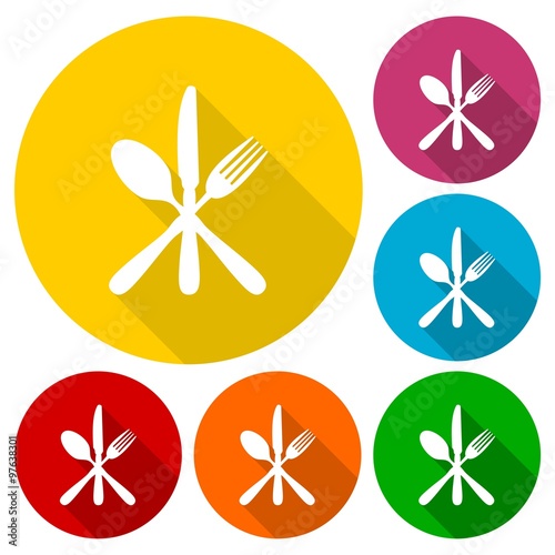Cookin, kitchen, restaurant icons set with long shadow