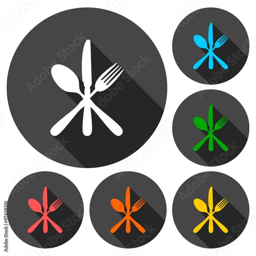 Cookin, kitchen, restaurant icons set with long shadow