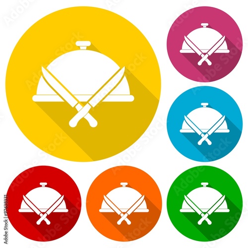 Cookin, kitchen, restaurant icons set with long shadow