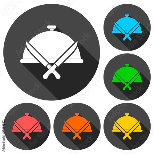 Cookin, kitchen, restaurant icons set with long shadow