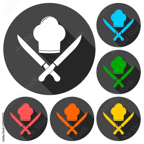 Cookin, kitchen, restaurant icons set with long shadow