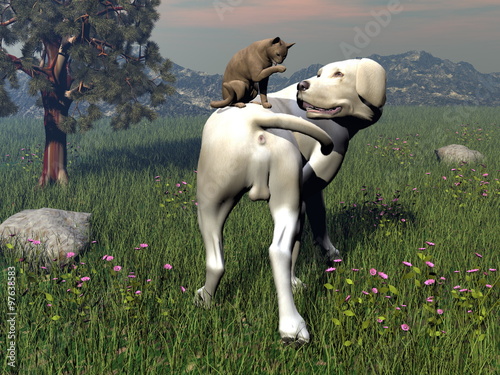 Dog and cat friendship - 3D render photo