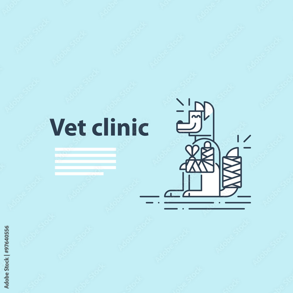 Vet clinic. Pet health insurance. A happy smiling dog with fractured paw and tail. Template for advertising. Vet clinic. Pet health insurance. A happy smiling dog with fractured paw and tail. Template for advertising.