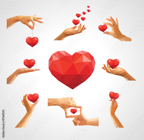 big set stock polygon for valentine's day hands holding heart