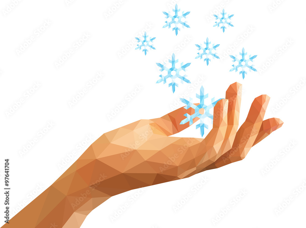 low poly many snowflakes on the open hand low poly many snowflakes on the open hand