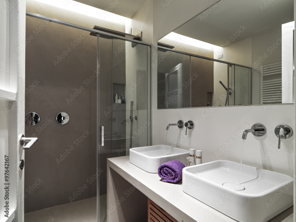 interior view of a modern bathroom in the foreground two washbasin
interior view of a modern bathroom in the foreground two washbasin