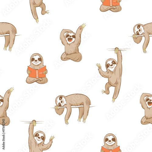 Vector seamless pattern with cute cartoon  sloth  on white  background.
