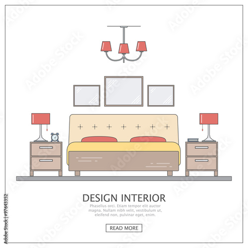 Design interior bedroom. Modern furniture with thin line. Concept for website or infographic outline