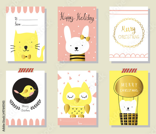 Light pink yellow gold love christmas greeting card with cat bir