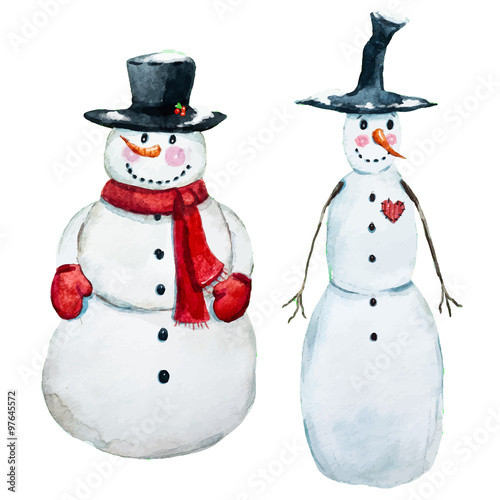Watercolor vector hand drawn snowman