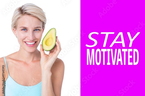 Composite image of pretty blonde holding half of an avocado 