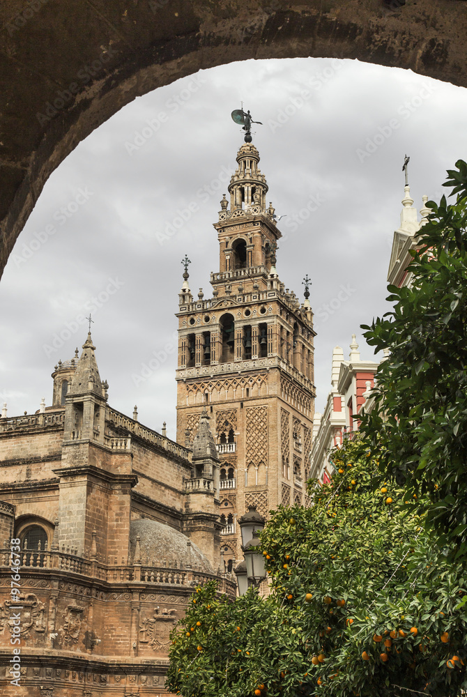 Famous cathedral and Giralda in Seville in Spain