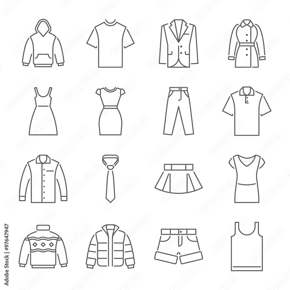 Clothes icons, thin line style, flat design Clothes icons, thin line style, flat design