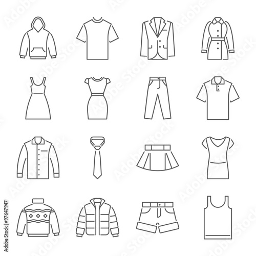 Clothes icons, thin line style, flat design