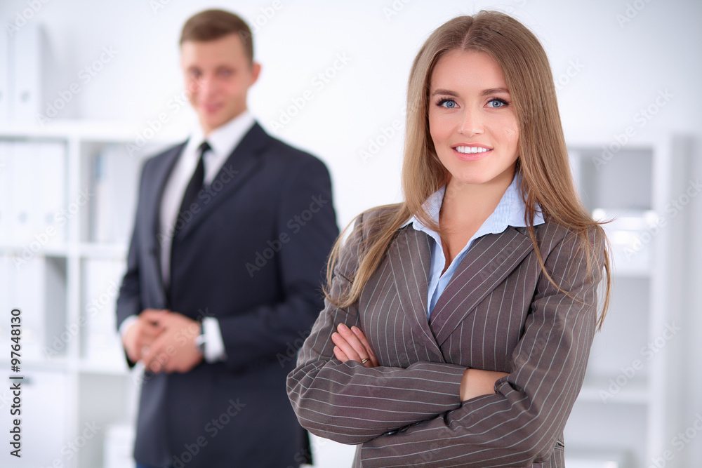 Face of beautiful business woman on the background of business people