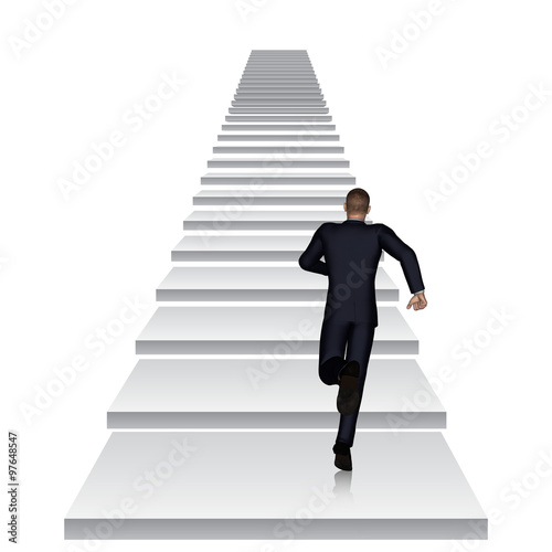 Conceptual 3D business man running or climbing white stair isolated