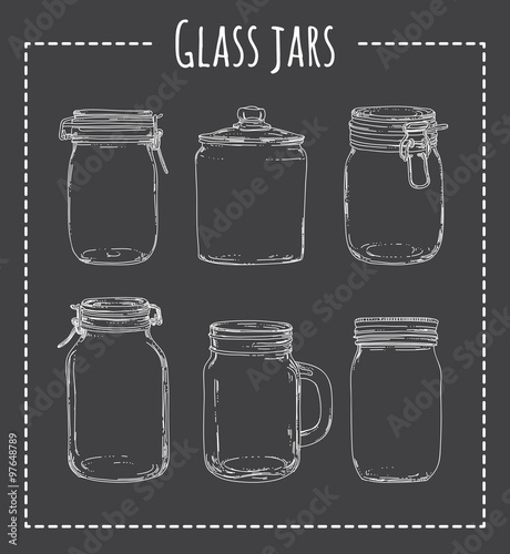Vintage jar vector set. Hand drawn empty jars on dark background