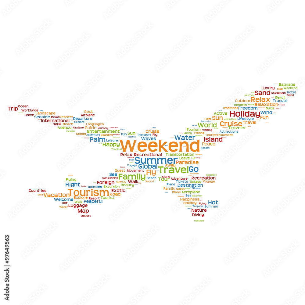 Conceptual colorful plane silhouette travel tourism text word cloud