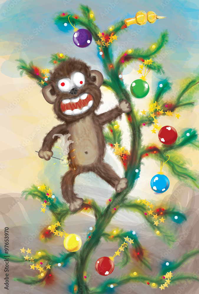 Naklejka premium Monkey rowdy on the tree. Card Happy New Year